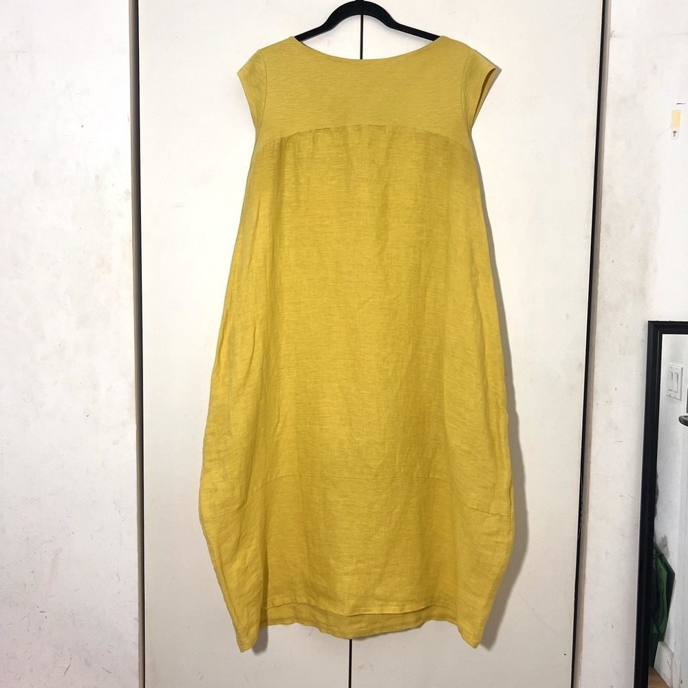 DIGS Linen Bubble Midi Dress Yellow Sleeveless Cocoon Minimalist Lagenlook S - Picture 2 of 7
